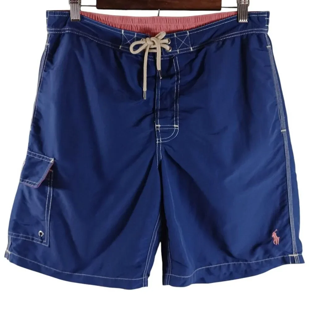 Polo Ralph Lauren Sz M Blue Cargo Swim Trunks Pink Pony Logo Casual Pool Shorts